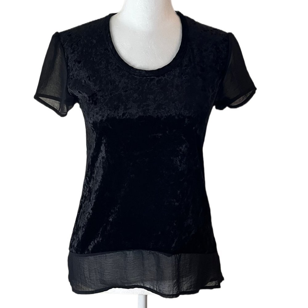 Ginger Jar Black Velvety Top with Sheer Sleeves and Hemline.  Size Small